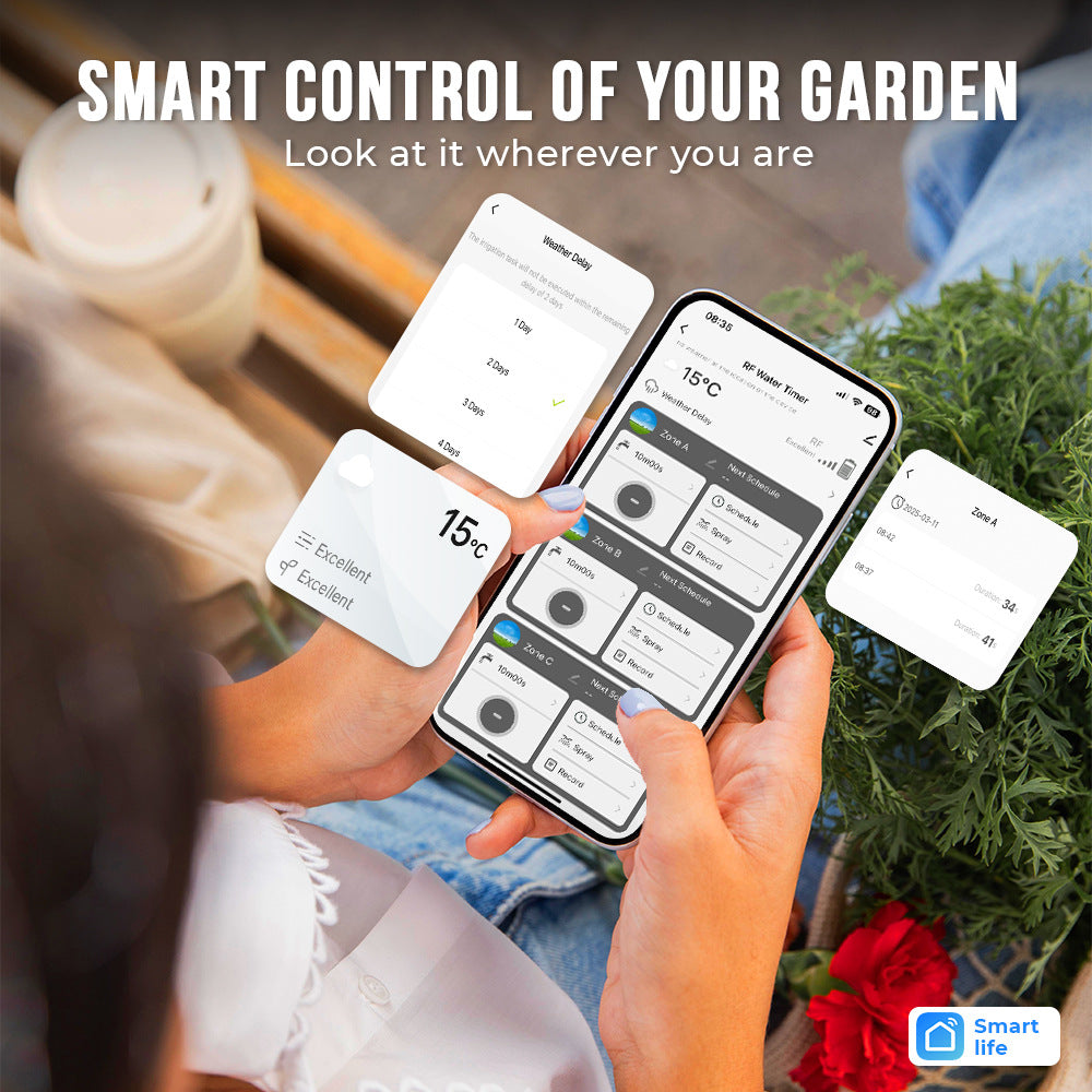 RF Wireless Three Outlets Irrigation Timer Weather-Sensitive Automatic Irrigation Controller 500meters Distance Connection APP Controlled Smart Garden Watering System Yieryi