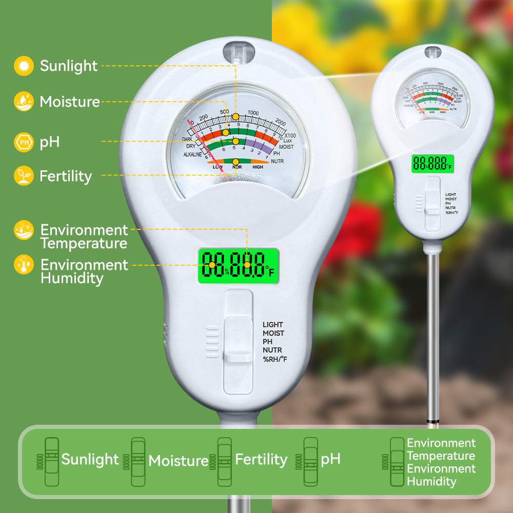 6-in-1 Digital Sunlight / Moisture / Fertility / ph /Humidity Soil Tester — All-in-One Gardening Analyzer Yieryi