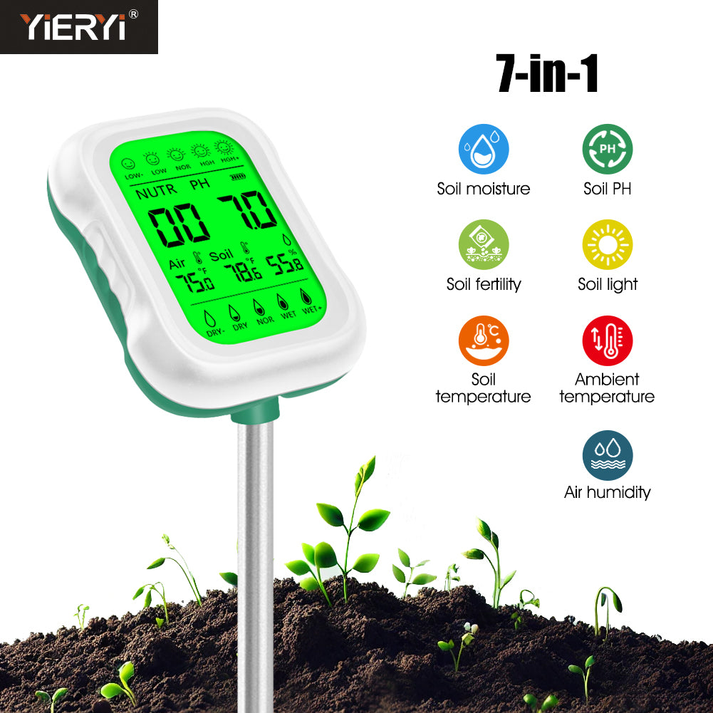 Yieryi 7-in-1 Soil Tester for Gardening & Farming | Monitor Soil pH, Moisture, Fertility, Temperature, Light & Humidity