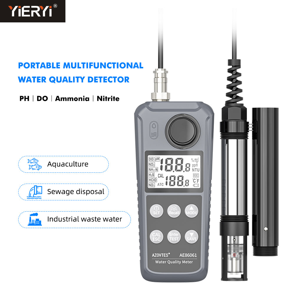 YIERYI AE86061 Portable 5-in-1 Water Quality Analyzer pH / DO / Ammonia / Nitrite / Temperature Meter Water Tester for Aquaculture & Environmental Monitoring Yieryi