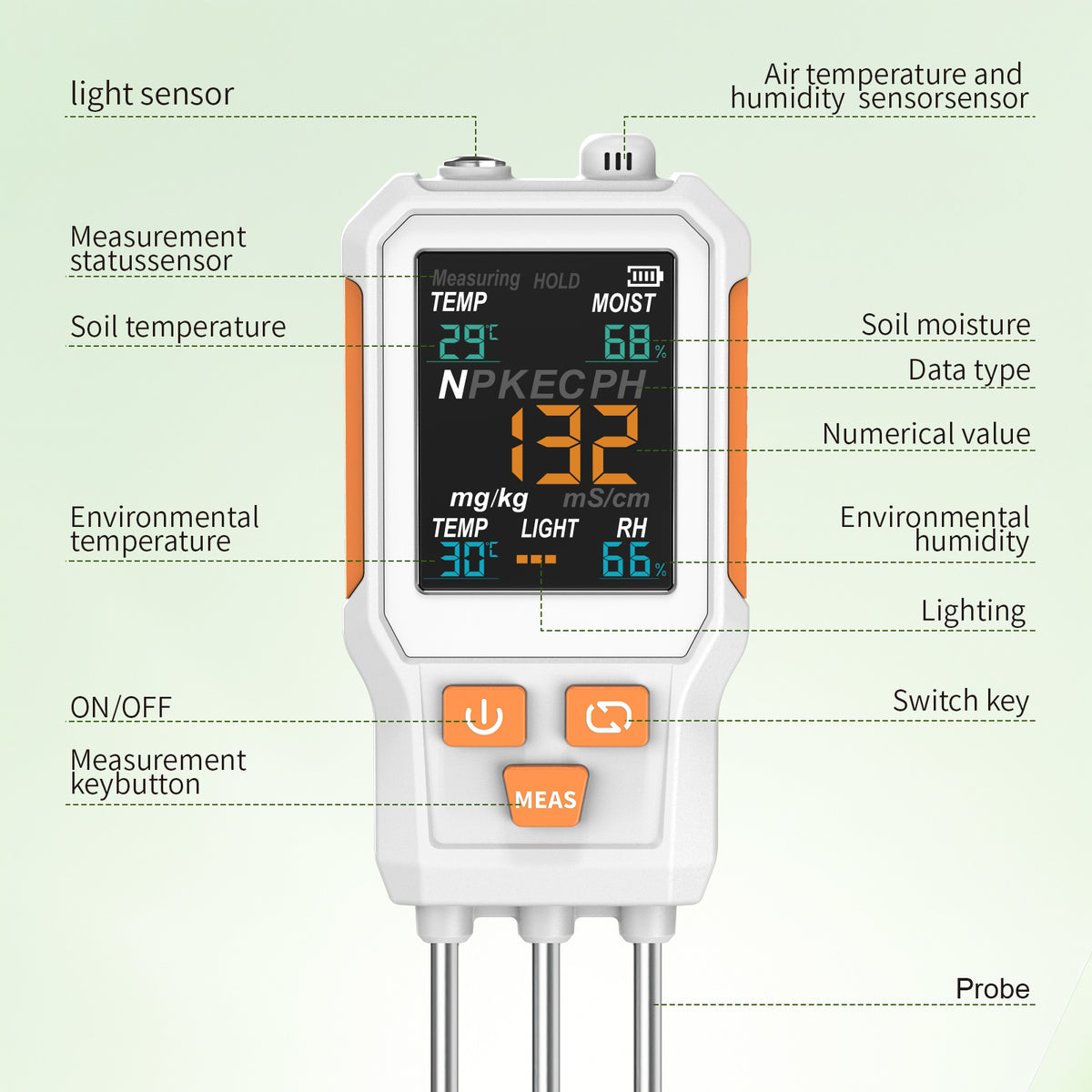 10‑in‑1 Digital Soil Tester, Color‑Screen Soil PH/EC/Fertility/N/P/K, Soil Temperature, Moisture, Light, Air Humidity & Temperature Multiparameter Soil Detector Yieryi