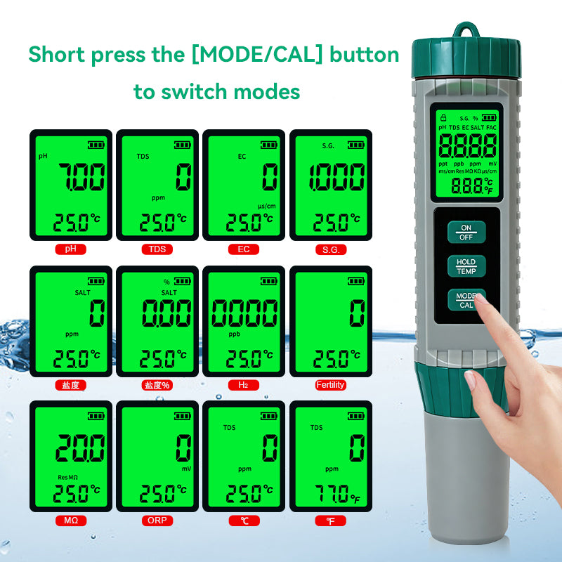 10‑in‑1 Multi‑Parameter Water Quality Test Pen, PH TDS EC ORP Salinity Meter Yieryi