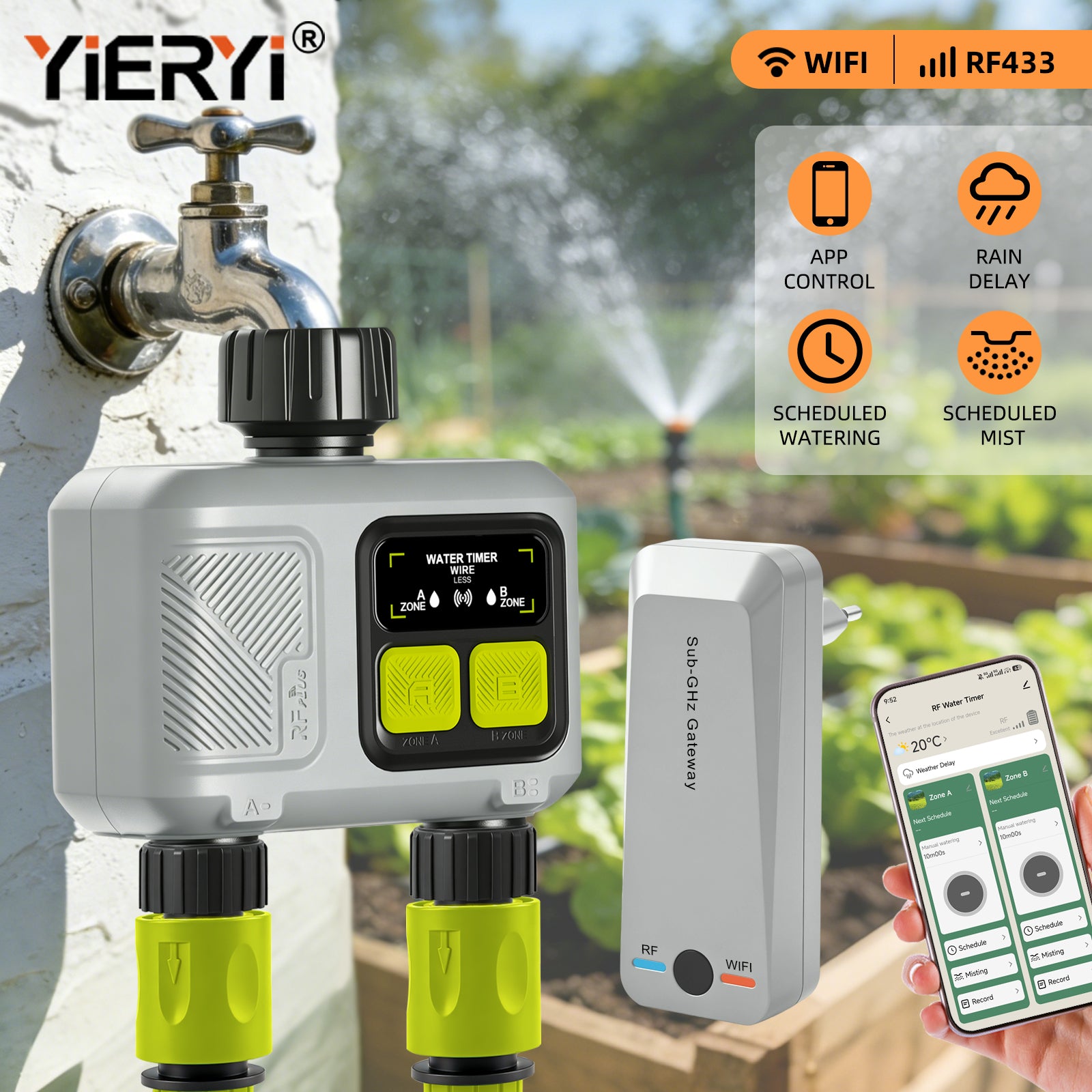 2-Zone Remote Smart Water Timer, Automatic Garden Irrigation Controller, Timed Plant Watering Device for Gardening Yieryi