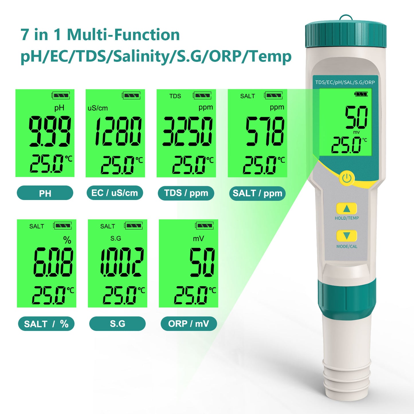 YIERYI 7-in-1 Waterproof Digital Water Quality Tester pH/EC/TDS/Salinity/S.G./ORP Meter for drinking water, aquariums, and hydroponics. Yieryi