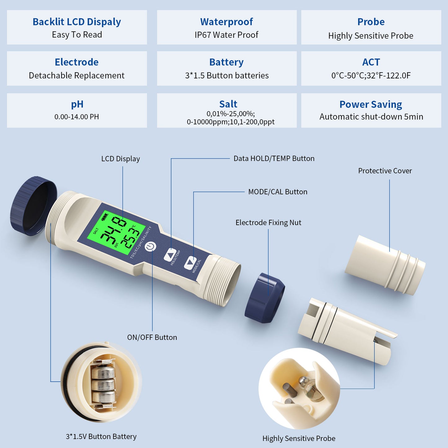 YIERYI Pool Salt Tester, pH Meter for Saltwater pH Tester and Digital Salinity Tester 5 in 1 Salinity Meter for Hot Tubs and Spas