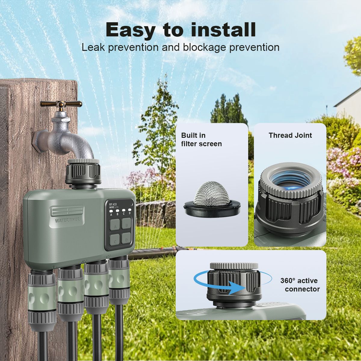 Smart 4-Zone WiFi + RF Water Timer, IPX5 Waterproof Outdoor Irrigation System with 500m Long Range, App Control for Garden Lawn Sprinkler Yieryi