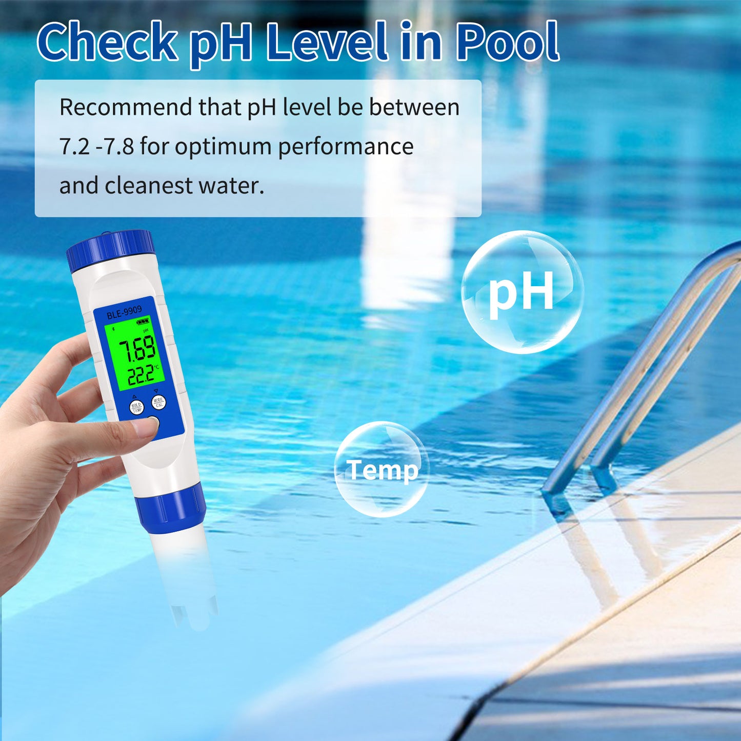 YIERYI 5 in 1 Salinity Meter, TDS EC Temp pH Tester, Bluetooth pH Meter for Drinking, Pool, Swimming Pool and Aquarium