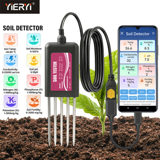 YIERYI 8-in-1 USB Soil Tester with Real-Time Monitoring: pH, Moisture, NPK, EC, Temperature & Fertility Sensor for Android/HarmonyOS Yieryi