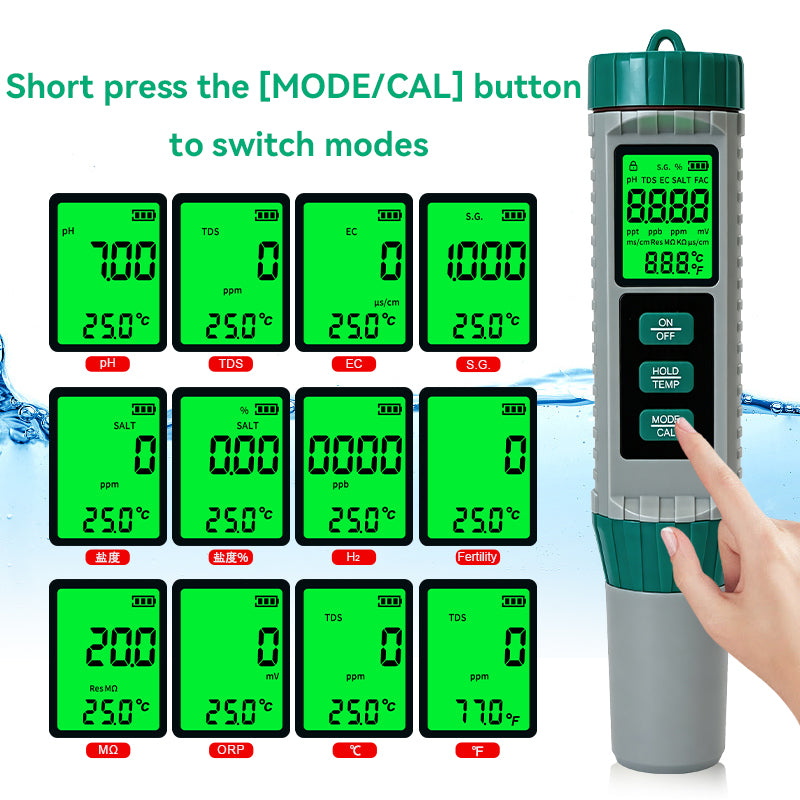 10‑in‑1 Multi‑Parameter Water Quality Test Pen, PH TDS EC ORP Salinity Meter Yieryi