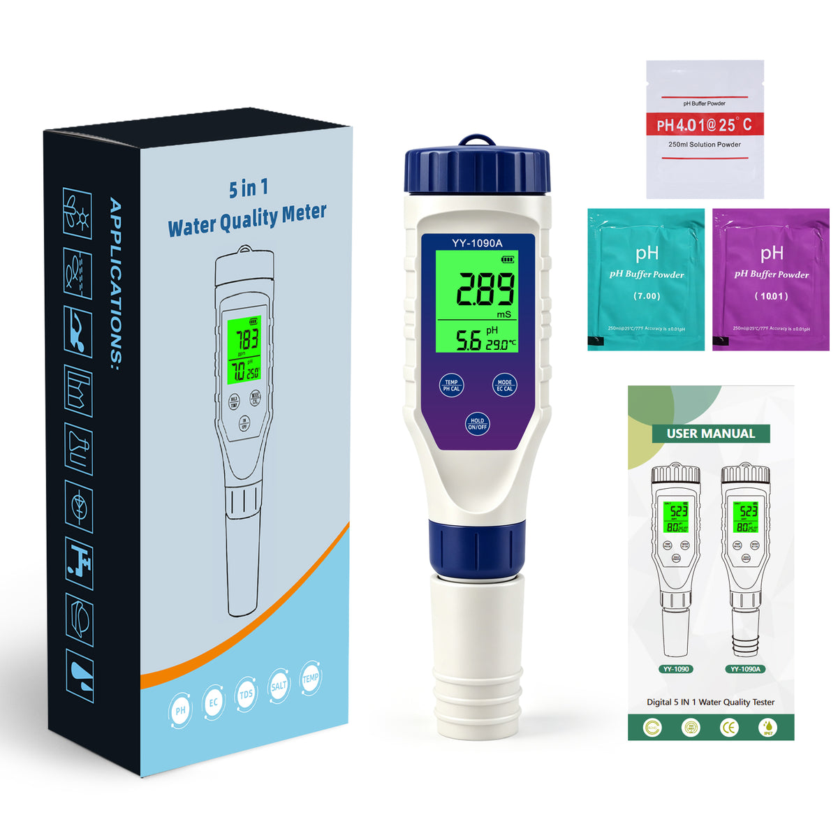 YY1090A 5in1 PH Salinity Temperature TDS EC Backlight PH Simultaneous Display Function Green Screen Rechargeable Version Yieryi