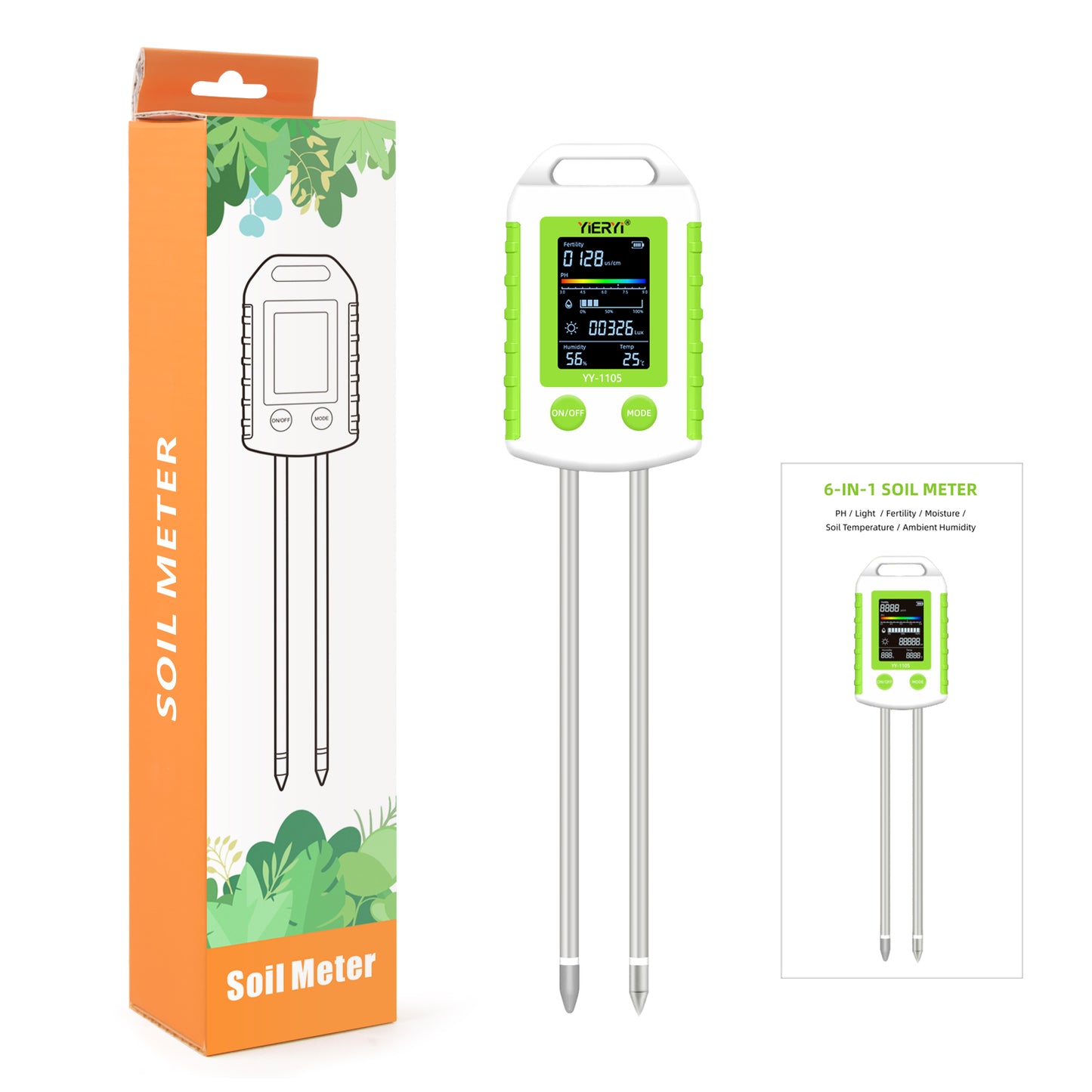 YIERYI 6-in-1 Soil Tester with 90° Rotatable LCD Display soil pH meter,moisture,light,temperature, fertility, and humidity in one device Yieryi