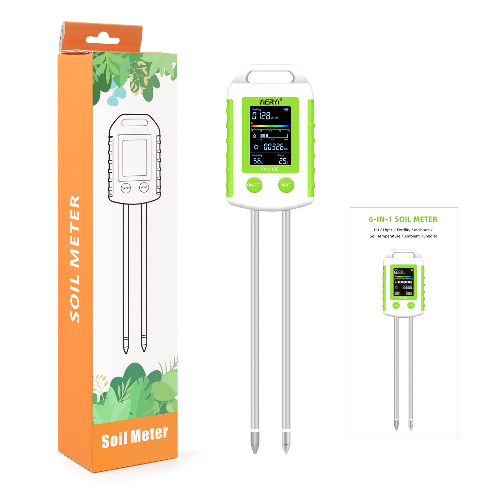 YIERYI 6-in-1 Soil Tester with 90° Rotatable LCD Display soil pH meter,moisture,light,temperature, fertility, and humidity in one device Yieryi