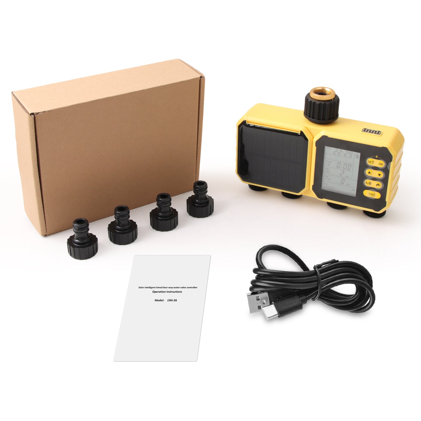 YiERYI Solar Water Timer 4 Outlet Irrigation Controller with Rain Sensor, Automatic Scheduled Watering System with Child Lock for Garden Lawn Farm Irrigation Valve Yieryi