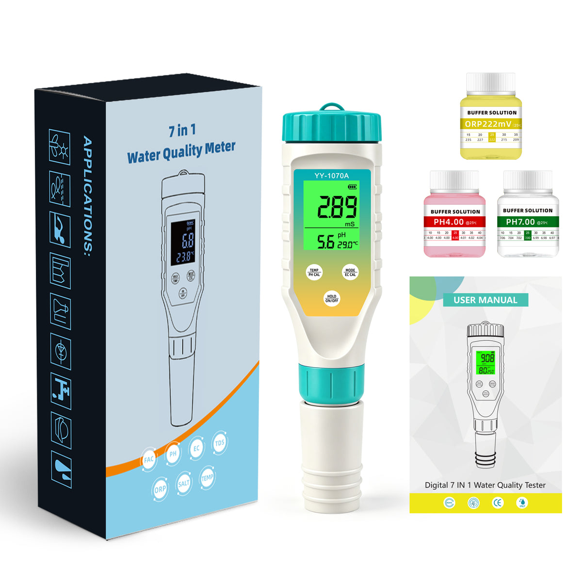 YY1070A 7-in-1 Water Quality Test Pen, Measures pH / Salinity / ORP / TDS / EC / Chlorine / Temp, Simultaneous Display, Green Backlight LCD Yieryi