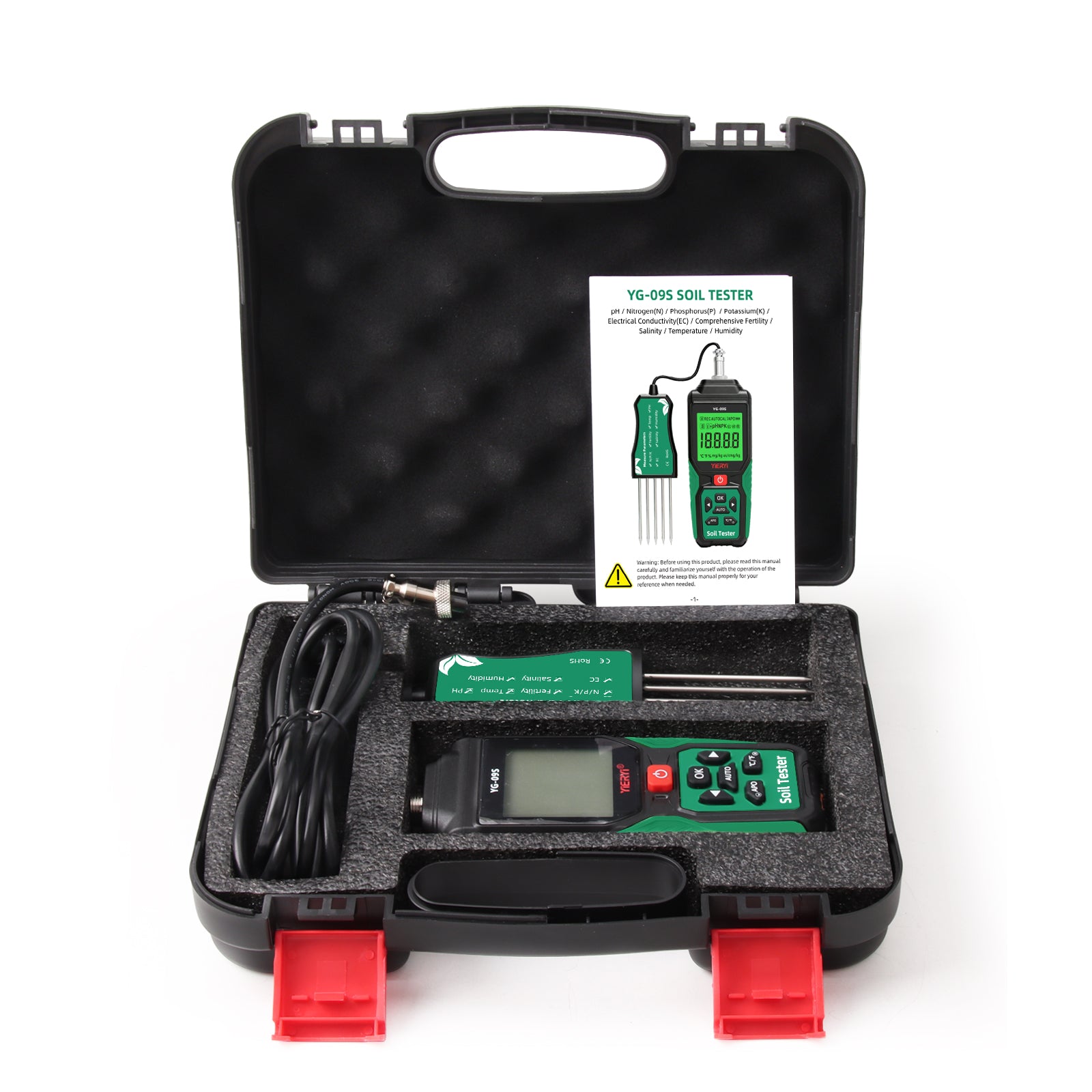 YG-09s9 9-in-1 PH/BC/salinity/fertility/nitrogen, phosphorus, potassium/temperature/humidity handheld soil tester can store and view 12 sets of records Yieryi