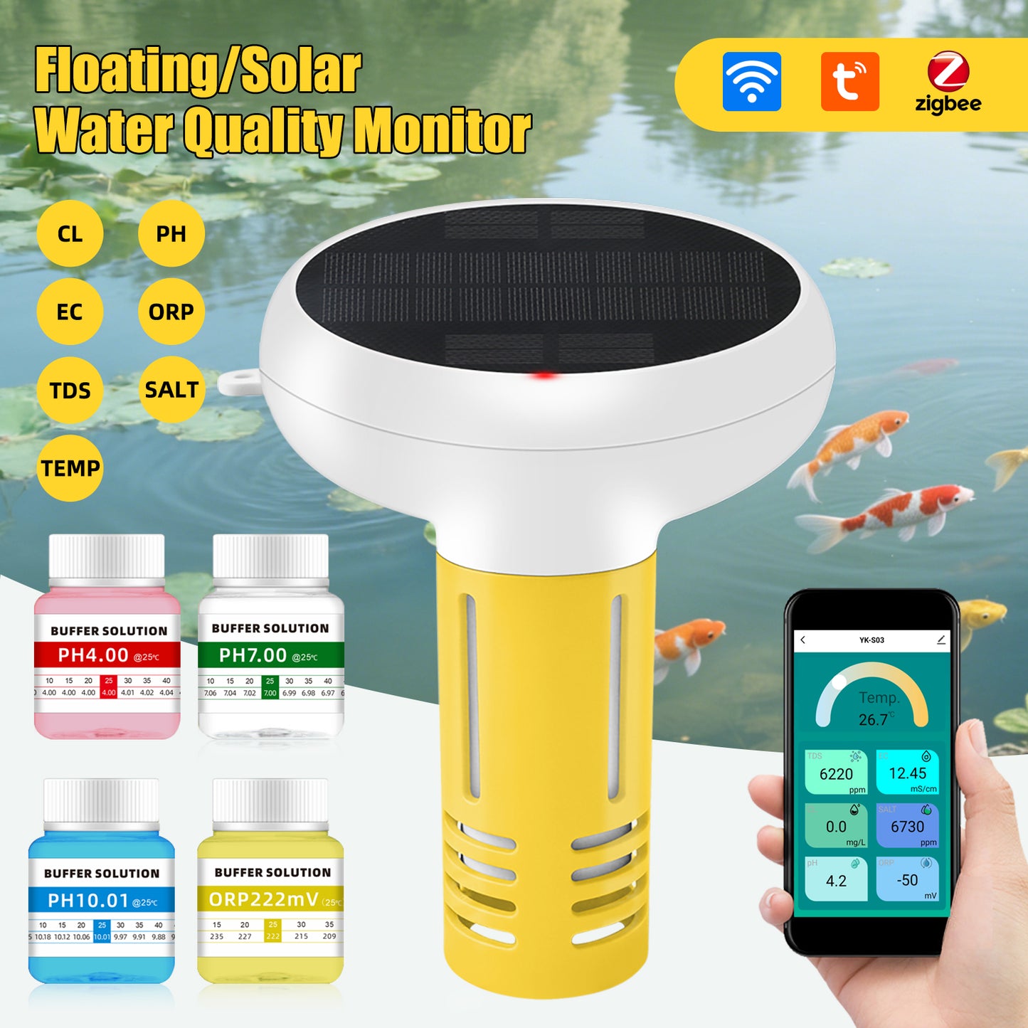 YIERYI Tuya zigbee APP controller Floating/Solar Water Quality Monitor WIFI 7-in-1 Smart Pool Monitor measuring pH, chlorine, ORP, temperature, TDS, salt, and EC Yieryi