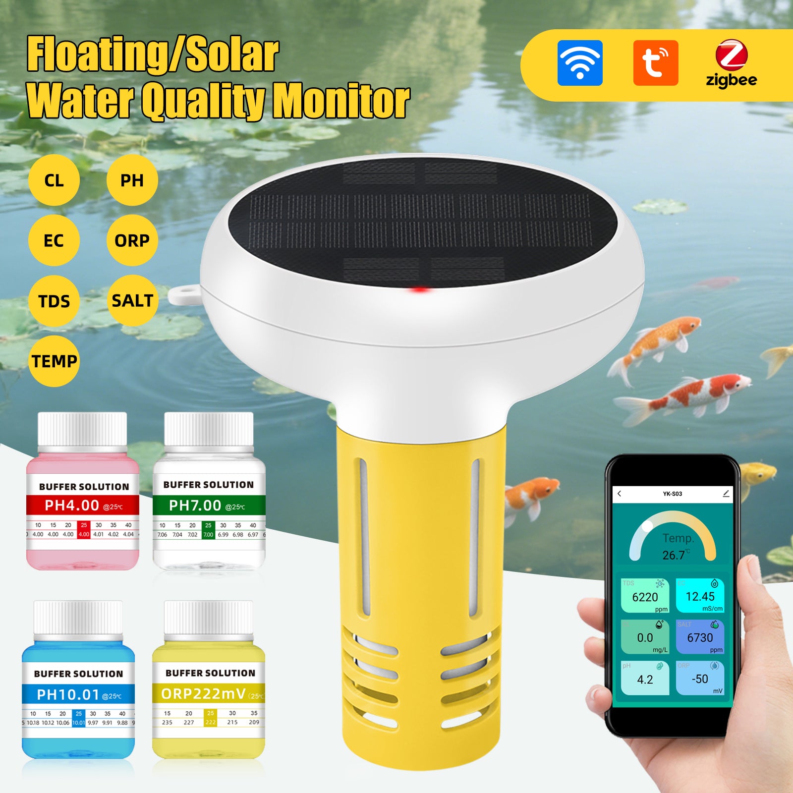 YIERYI Tuya zigbee APP controller Floating/Solar Water Quality Monitor WIFI 7-in-1 Smart Pool Monitor measuring pH, chlorine, ORP, temperature, TDS, salt, and EC Yieryi