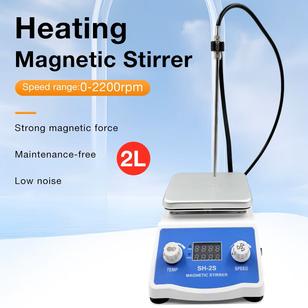 SH‑2S Digital Hotplate Magnetic Stirrer With Temperature Probe & Stainless‑Steel Support Stand, 2L Capacity, Heating & Stirring Laboratory Mixer for Reagent & Solution Mixing Yieryi