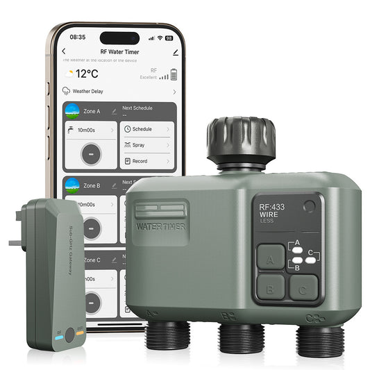 RF Wireless Three Outlets Irrigation Timer Weather-Sensitive Automatic Irrigation Controller 500meters Distance Connection APP Controlled Smart Garden Watering System Yieryi