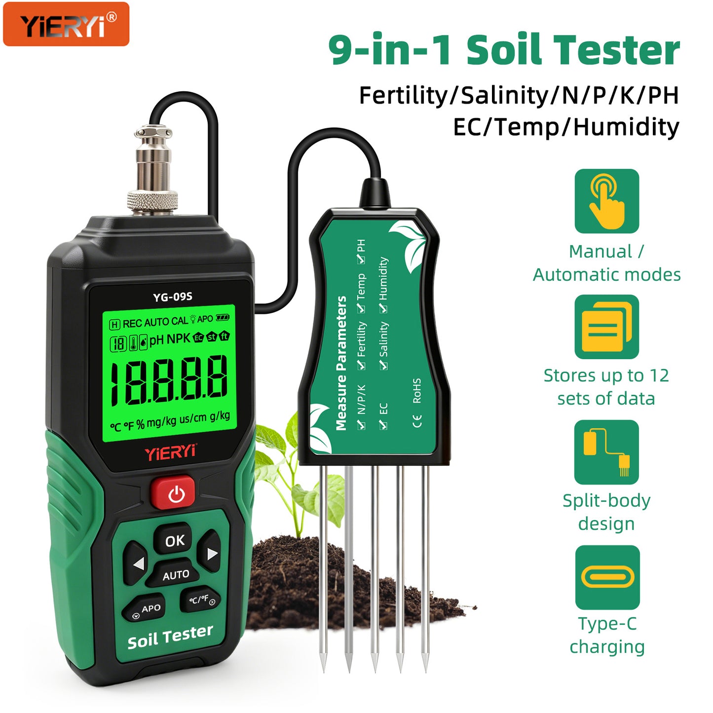 Multi Probe Soil Testing Kit, Rechargeable Type-C Soil pH Fertilizer Tester for Garden Farm Planting Yieryi