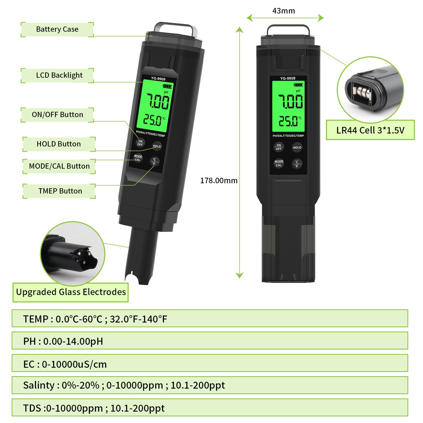 YG-9909 Digital 5-in-1 Water Quality Tester pH/TDS/EC/Salinity/Temperature Meter