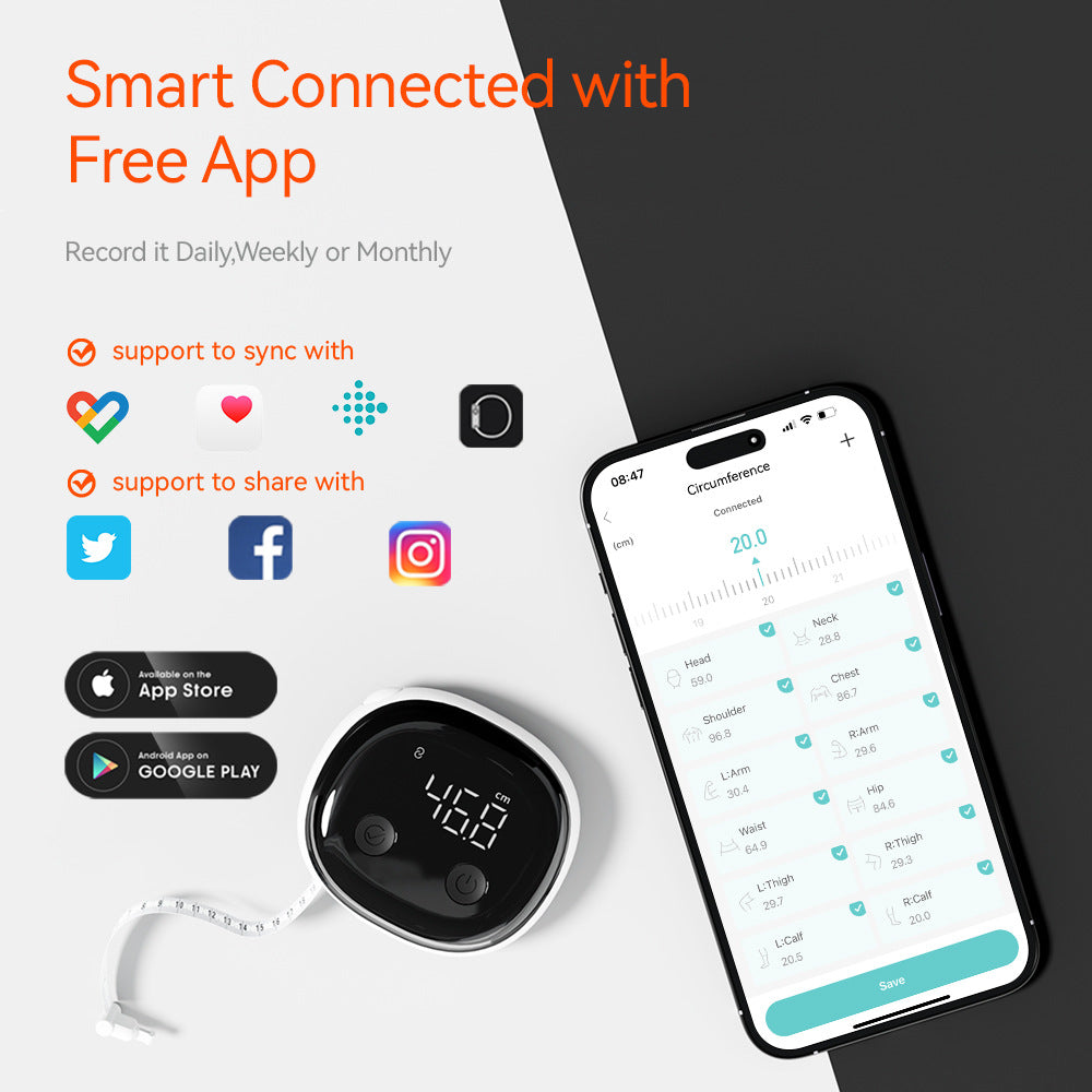 Smart Digital Body Tape Measure with App Sync 12-Part Circumference Tracker, Rechargeable, 0.1cm Precision, Fitdays+ Compatible