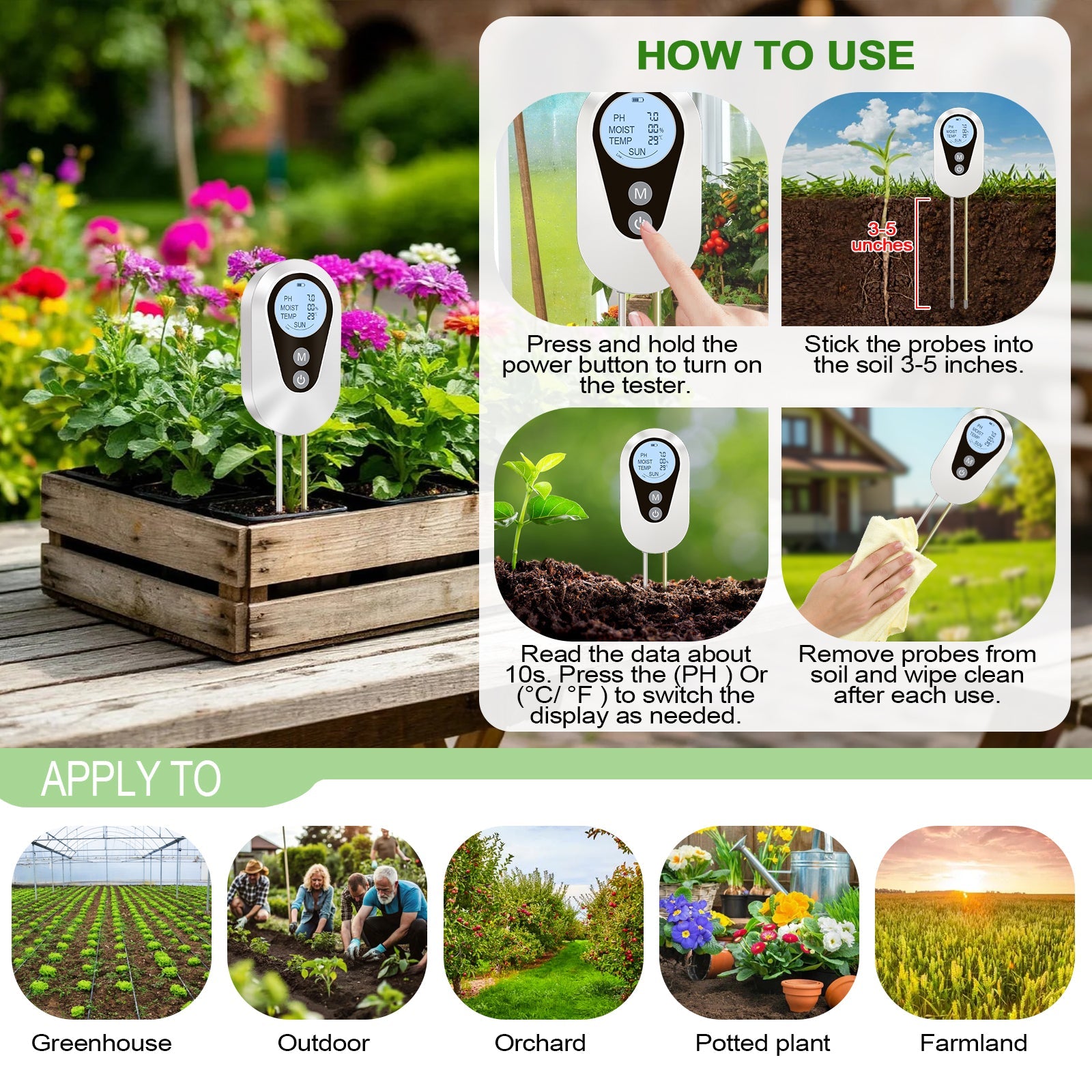 Digital Soil Tester 3-in-1 pH, Moisture & Temperature Meter Yieryi