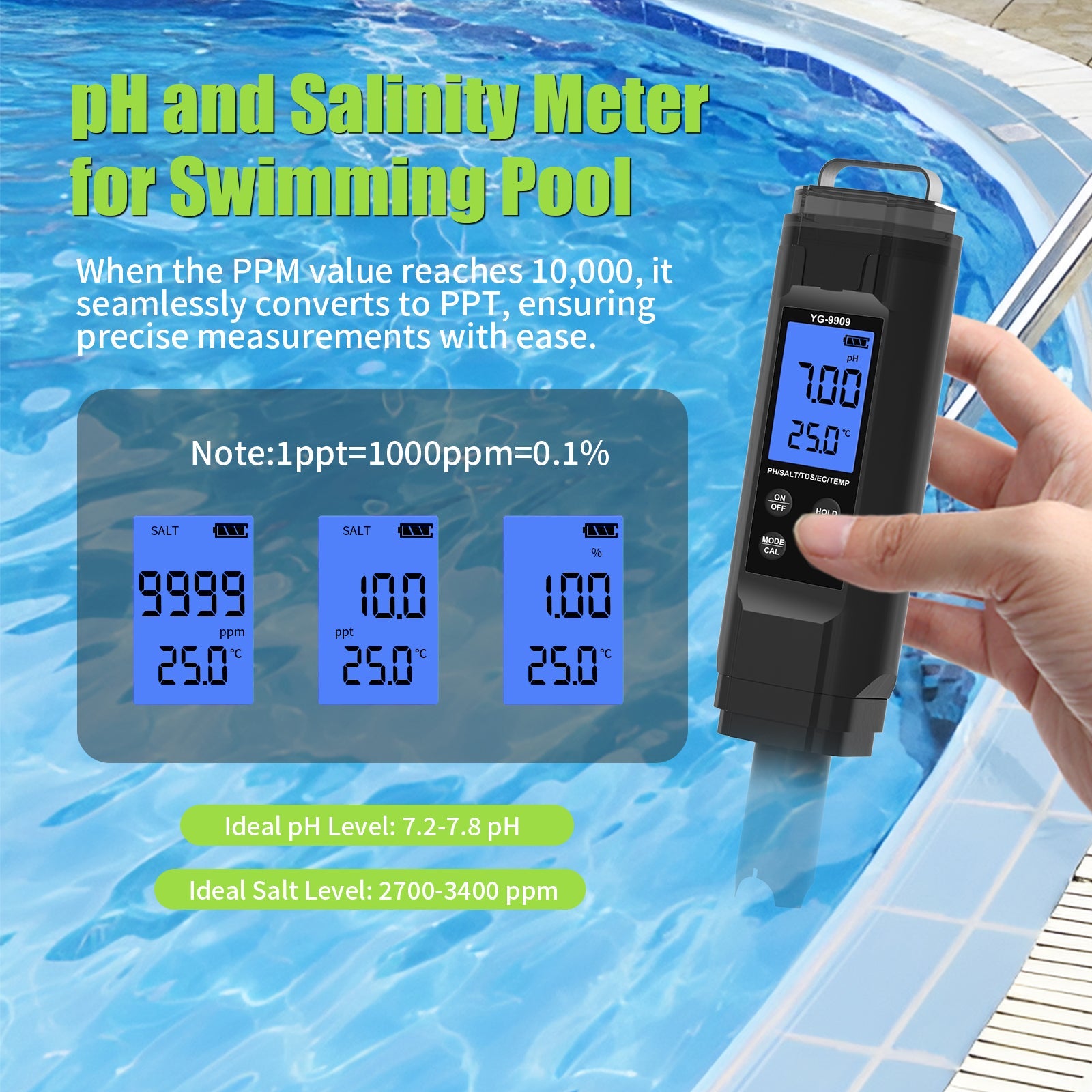 YG-9909 Digital 5-in-1 Water Quality Tester pH/TDS/EC/Salinity/Temperature Meter Yieryi
