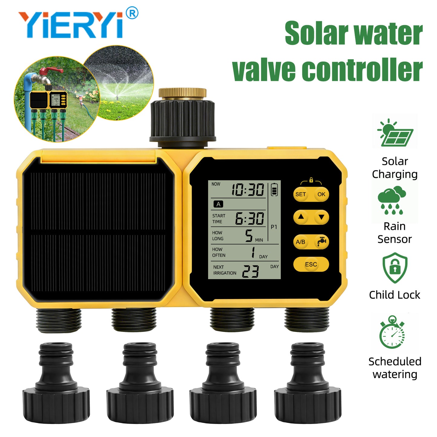 YiERYI Solar Water Timer 4 Outlet Irrigation Controller with Rain Sensor, Automatic Scheduled Watering System with Child Lock for Garden Lawn Farm Irrigation Valve Yieryi