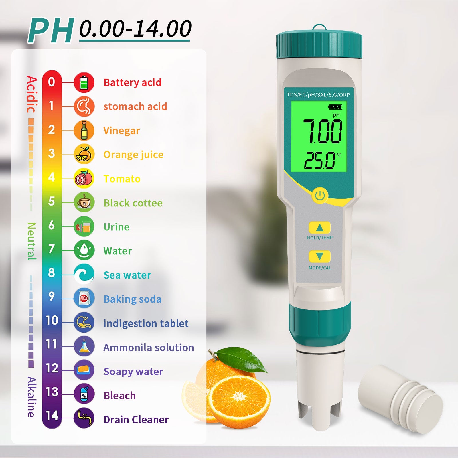 YIERYI 7-in-1 Waterproof Digital Water Quality Tester pH/EC/TDS/Salinity/S.G./ORP Meter for drinking water, aquariums, and hydroponics. Yieryi