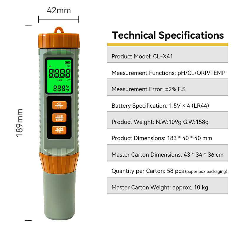 CL‑X41 Multi‑Functional Water Quality Tester Pen 4‑in‑1 Water Analyzer for pH Free Chlorine CL ORP and Temperature Yieryi