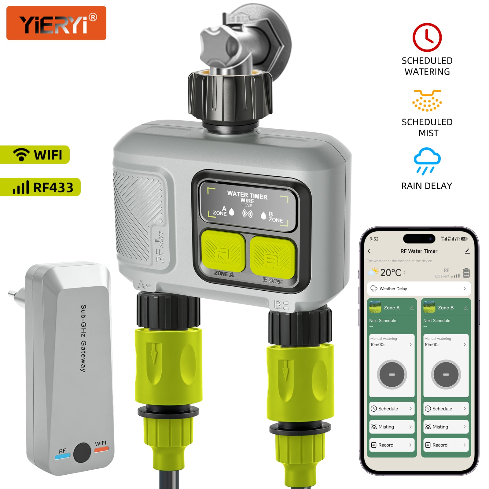 2-Zone Remote Smart Water Timer, Automatic Garden Irrigation Controller, Timed Plant Watering Device for Gardening Yieryi