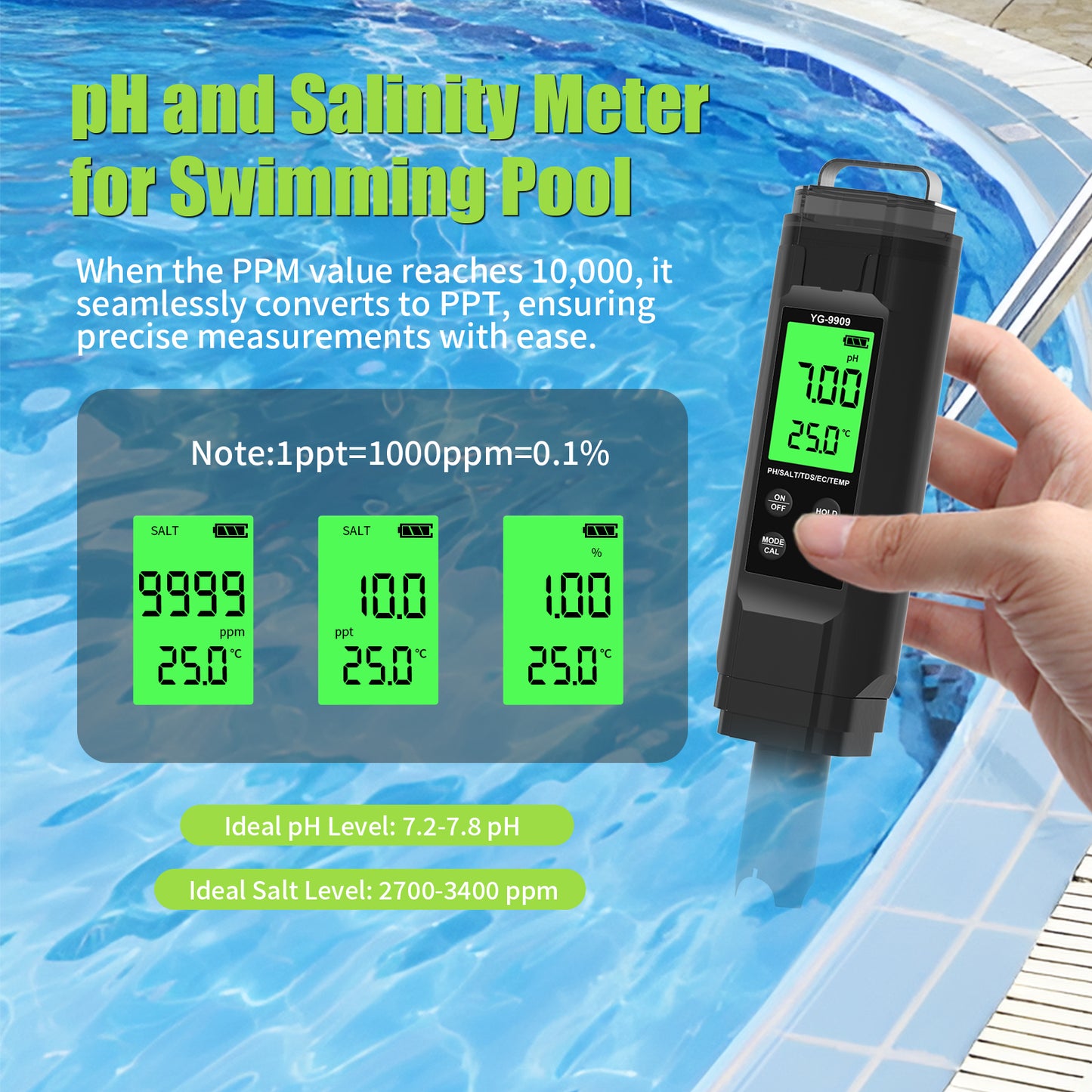 YG-9909 Digital 5-in-1 Water Quality Tester pH/TDS/EC/Salinity/Temperature Meter