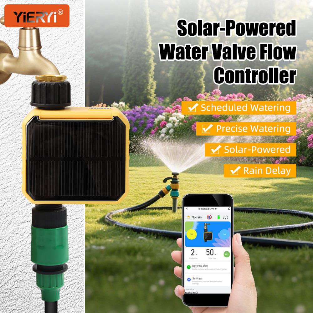 WiFi Solar Water Valve Flow Controller - Smart Irrigation Timer with Rain Sensor & USB Backup for Garden, Balcony, and Drip Irrigation Systems Yieryi