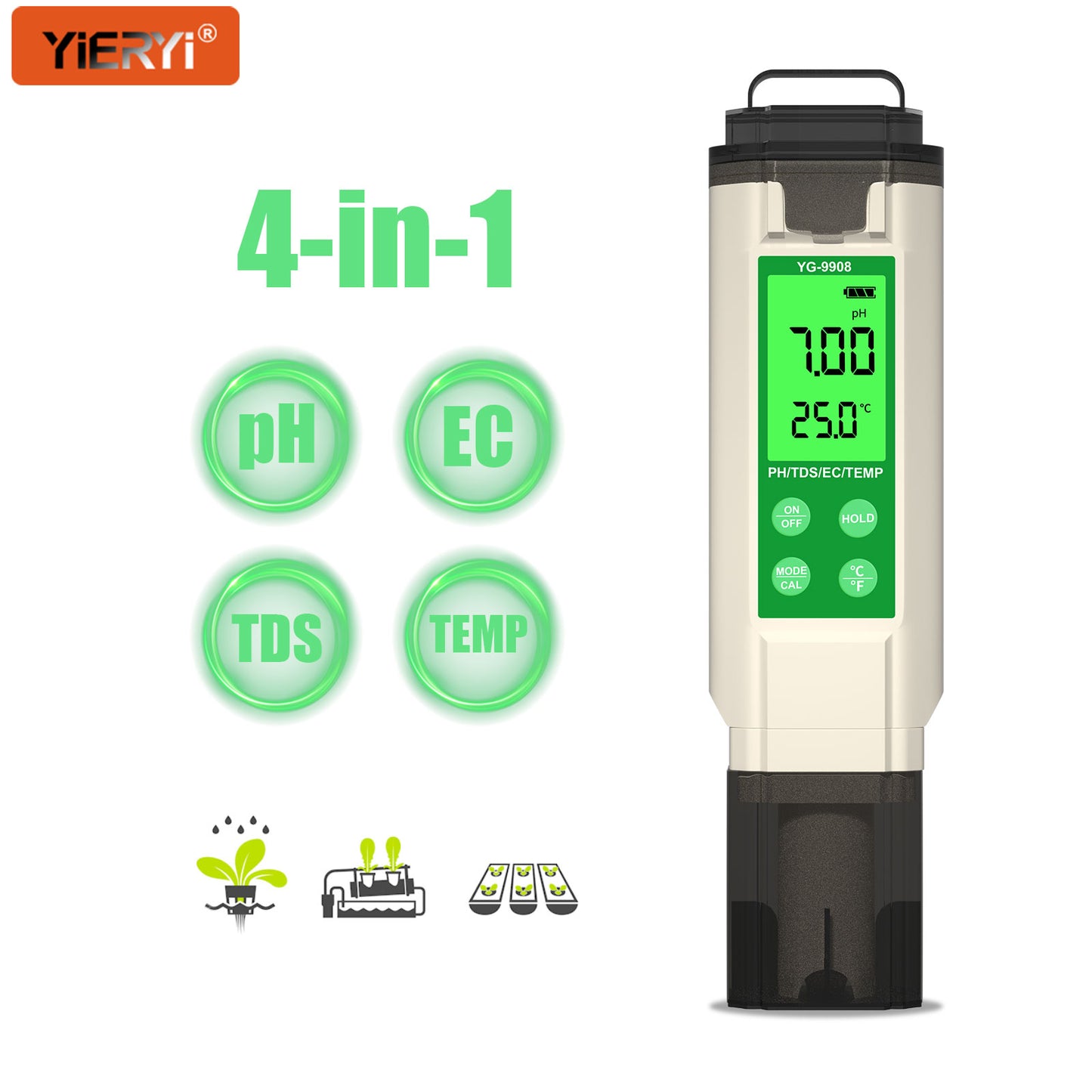 YiERYi YG-9908 4-in-1 Water Quality Tester | pH/TDS/EC/Temperature Multifunctional Testing Pen with High Accuracy & Portable Design