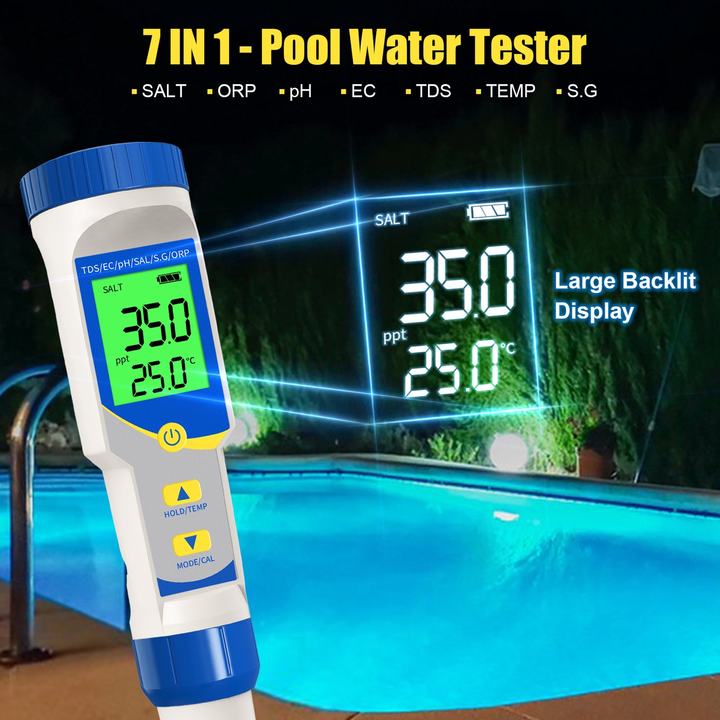 High Precision PH Meter7-in-1 EC/TDS/Salinity/ORP/Temperature/Specific Gravity Water Quality Tester For Spa & Hot Tub, Saltwater Pool, Aquarium, Aquaculture, Water Treatment Yieryi