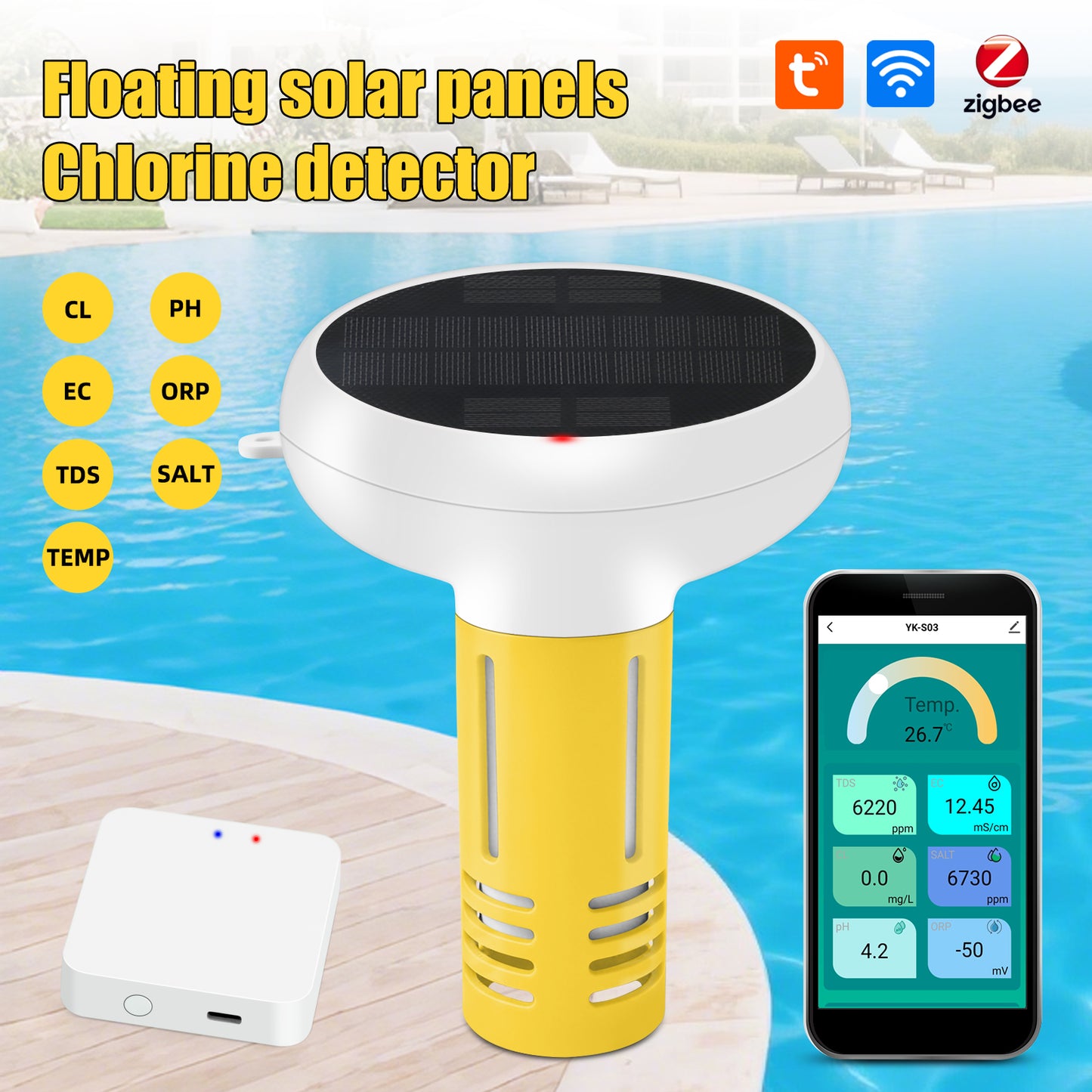 YIERYI Tuya zigbee APP controller Floating/Solar Water Quality Monitor WIFI 7-in-1 Smart Pool Monitor measuring pH, chlorine, ORP, temperature, TDS, salt, and EC Yieryi