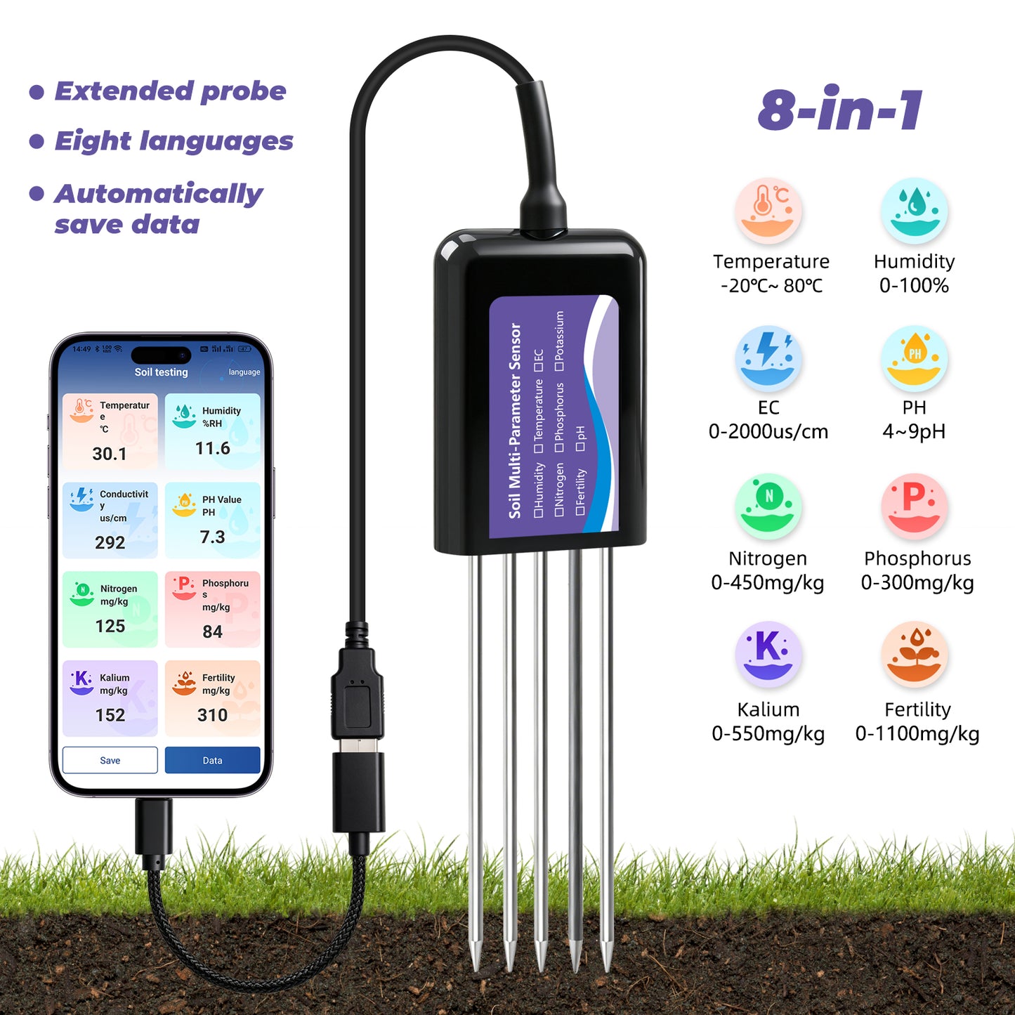 Upgraded USB‑C Connected Soil Tester with EC, Temperature‑Humidity, PH, Fertility and N‑P‑K Data Storage Function Yieryi