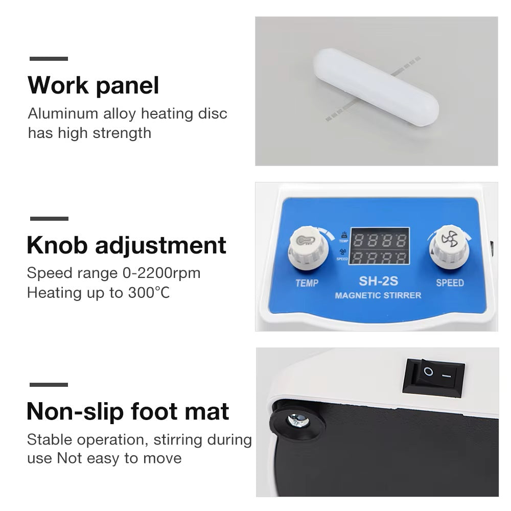 SH‑2S Digital Hotplate Magnetic Stirrer With Temperature Probe & Stainless‑Steel Support Stand, 2L Capacity, Heating & Stirring Laboratory Mixer for Reagent & Solution Mixing Yieryi