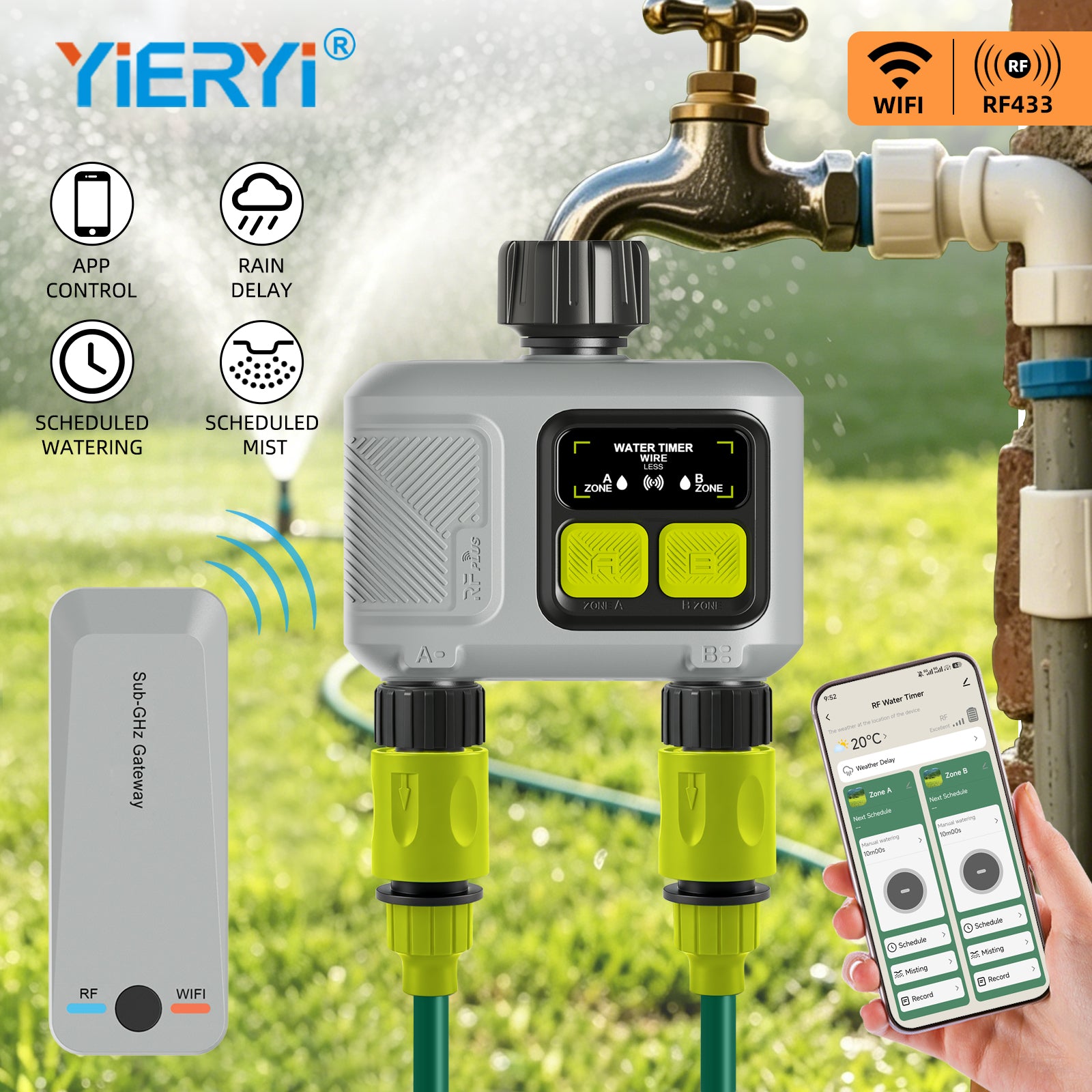 YIERYI Dual-Zone RF Smart Water Timer with Sub-GHz Gateway Yieryi