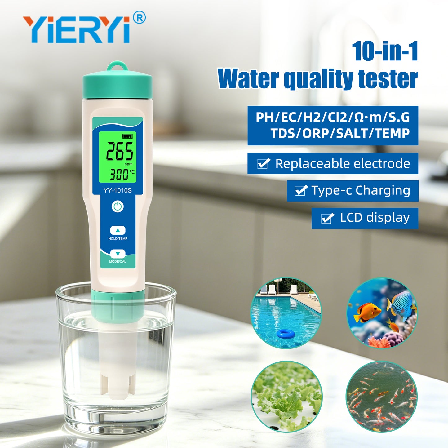 YY-1010S 10-in-1 Water Quality Test Pen | PH, TDS, EC, Salinity, ORP, H2, S.G, Temperature, Chlorine, Resistivity Yieryi