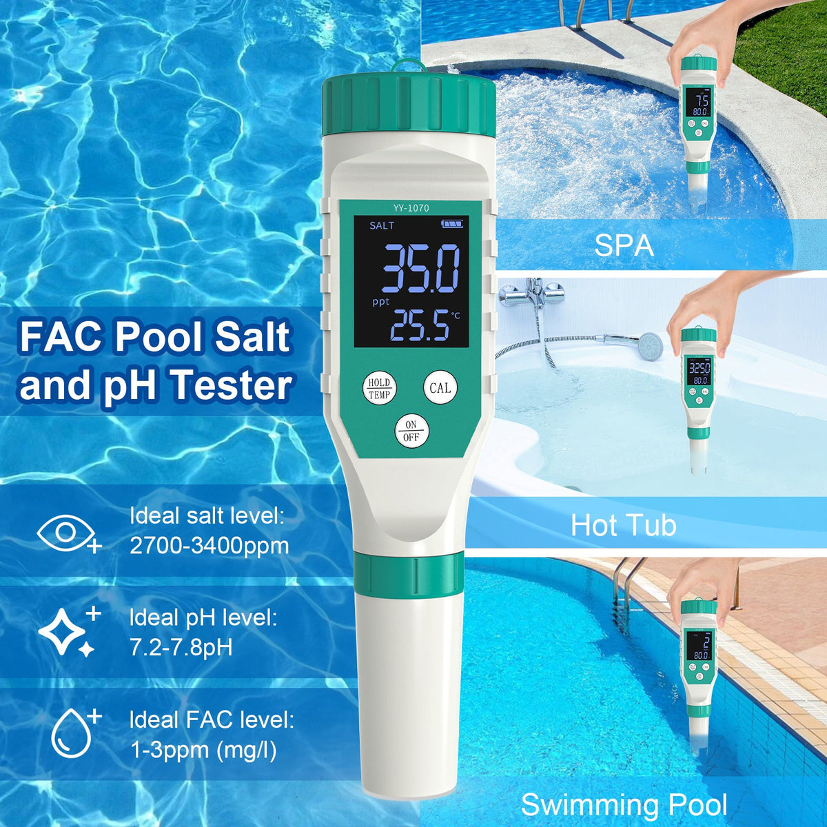 Salt Tested Pool Chlorine Meter & Pool Salt Tester, pH Tester & Salt Meter for Pools, 7 ...