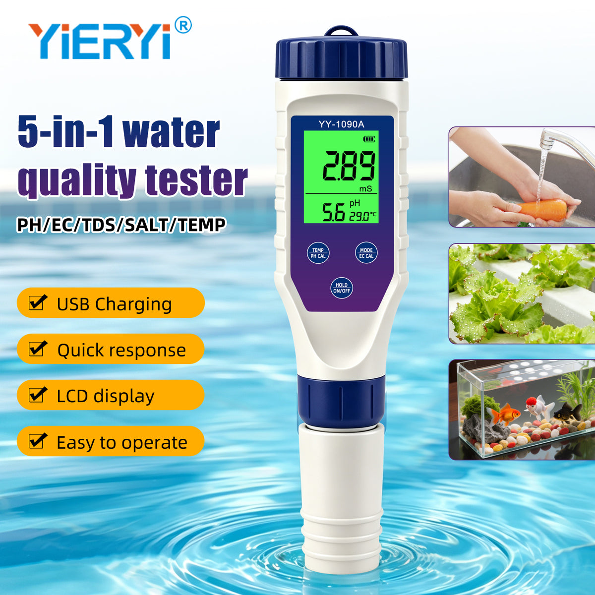 YY1090A 5in1 PH Salinity Temperature TDS EC Backlight PH Simultaneous Display Function Green Screen Rechargeable Version Yieryi