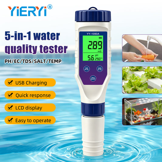 YY1090A 5in1 PH Salinity Temperature TDS EC Backlight PH Simultaneous Display Function Green Screen Rechargeable Version Yieryi