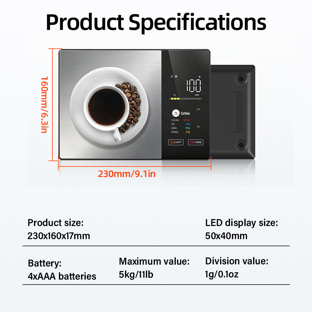 YIERYI High Precision Bluetooth App Control Smart Kitchen Coffee Scale Digital Food Scalewith TFT Color Screen & Calorie Tracker Yieryi
