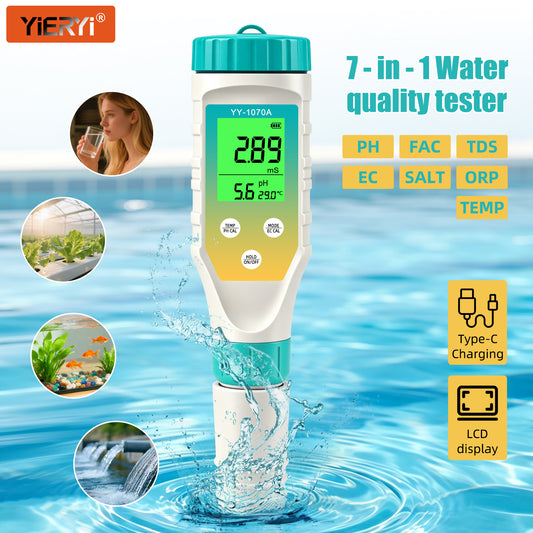 YY1070A 7-in-1 Water Quality Test Pen, Measures pH / Salinity / ORP / TDS / EC / Chlorine / Temp, Simultaneous Display, Green Backlight LCD Yieryi