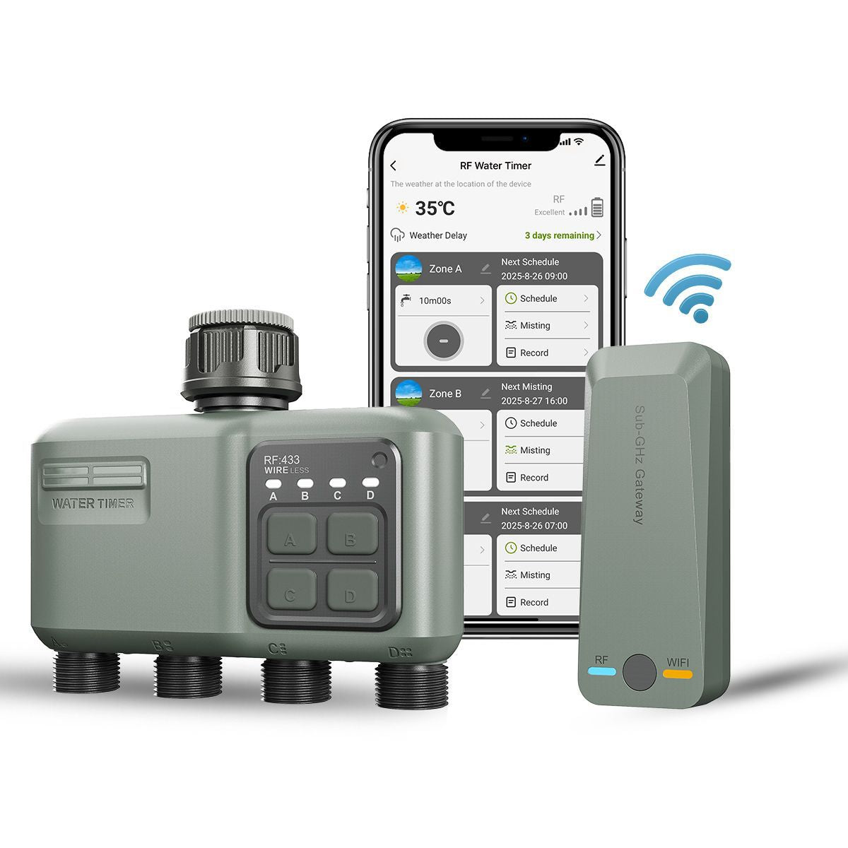 Smart 4-Zone WiFi + RF Water Timer, IPX5 Waterproof Outdoor Irrigation System with 500m Long Range, App Control for Garden Lawn Sprinkler Yieryi