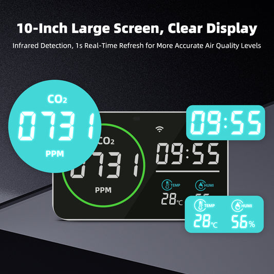 Smart Air Quality Monitor 10" HD Display · Tri-Color Alert System · Real-Time CO₂ Tracking Yieryi