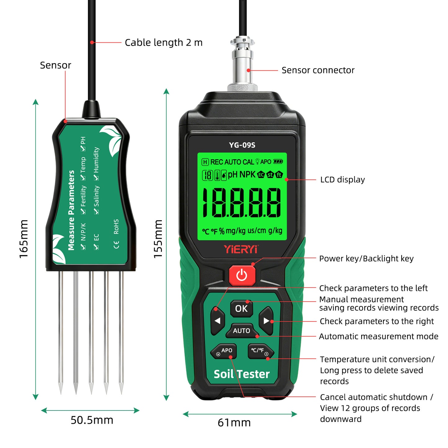 YG-09s9 9-in-1 PH/BC/salinity/fertility/nitrogen, phosphorus, potassium/temperature/humidity handheld soil tester can store and view 12 sets of records Yieryi
