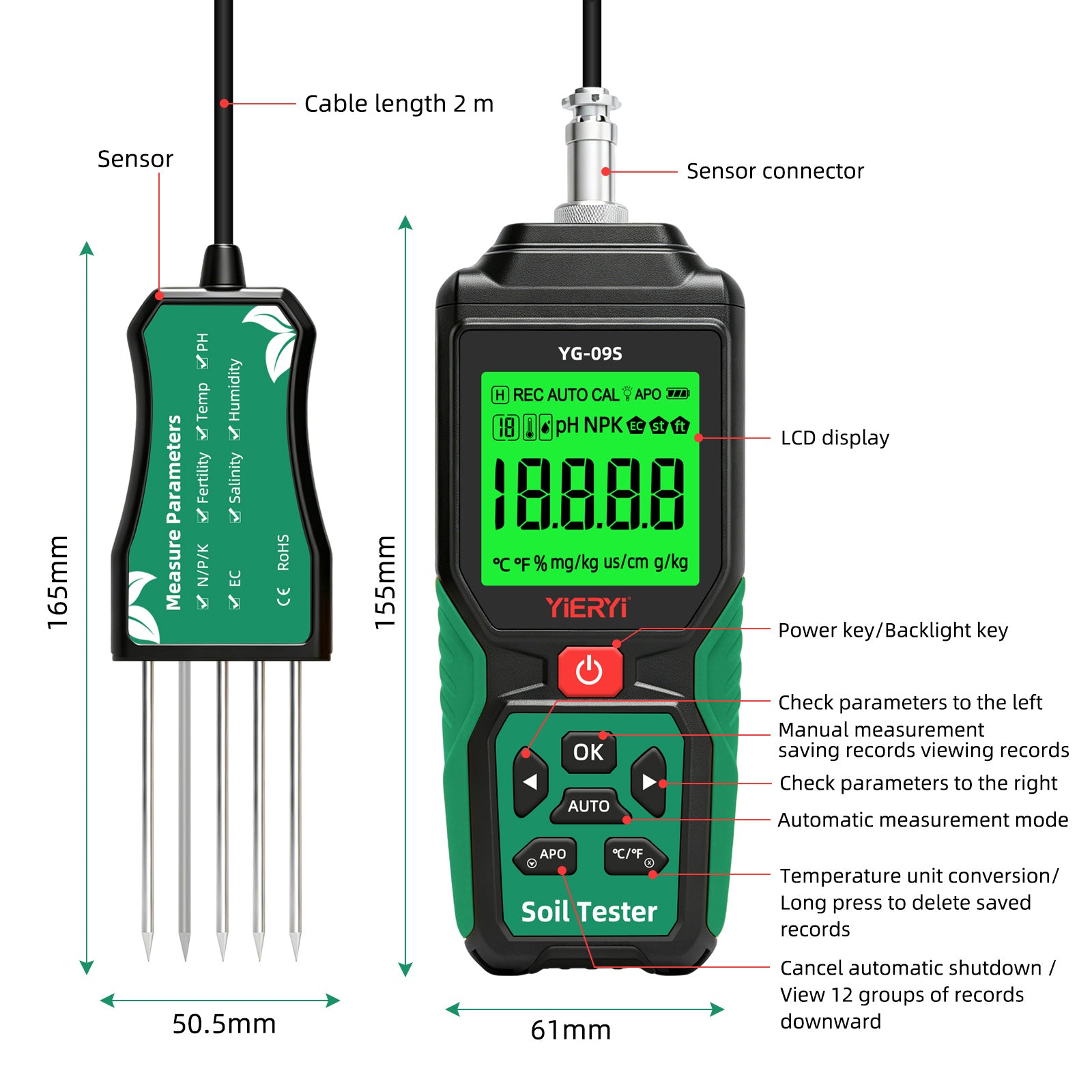 YG-09s9 9-in-1 PH/BC/salinity/fertility/nitrogen, phosphorus, potassium/temperature/humidity handheld soil tester can store and view 12 sets of records Yieryi